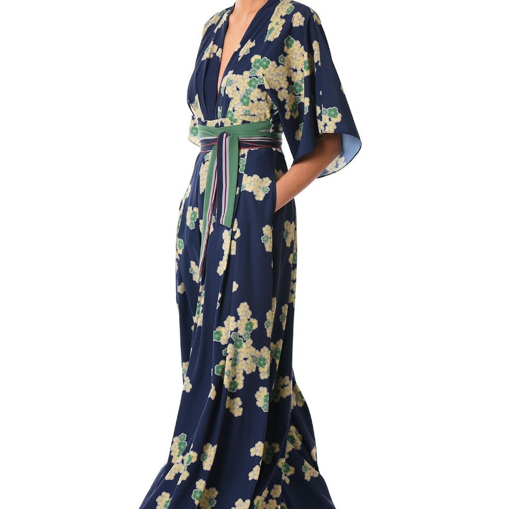 eShakti Plunge Floral Print Crepe Jumpsuit